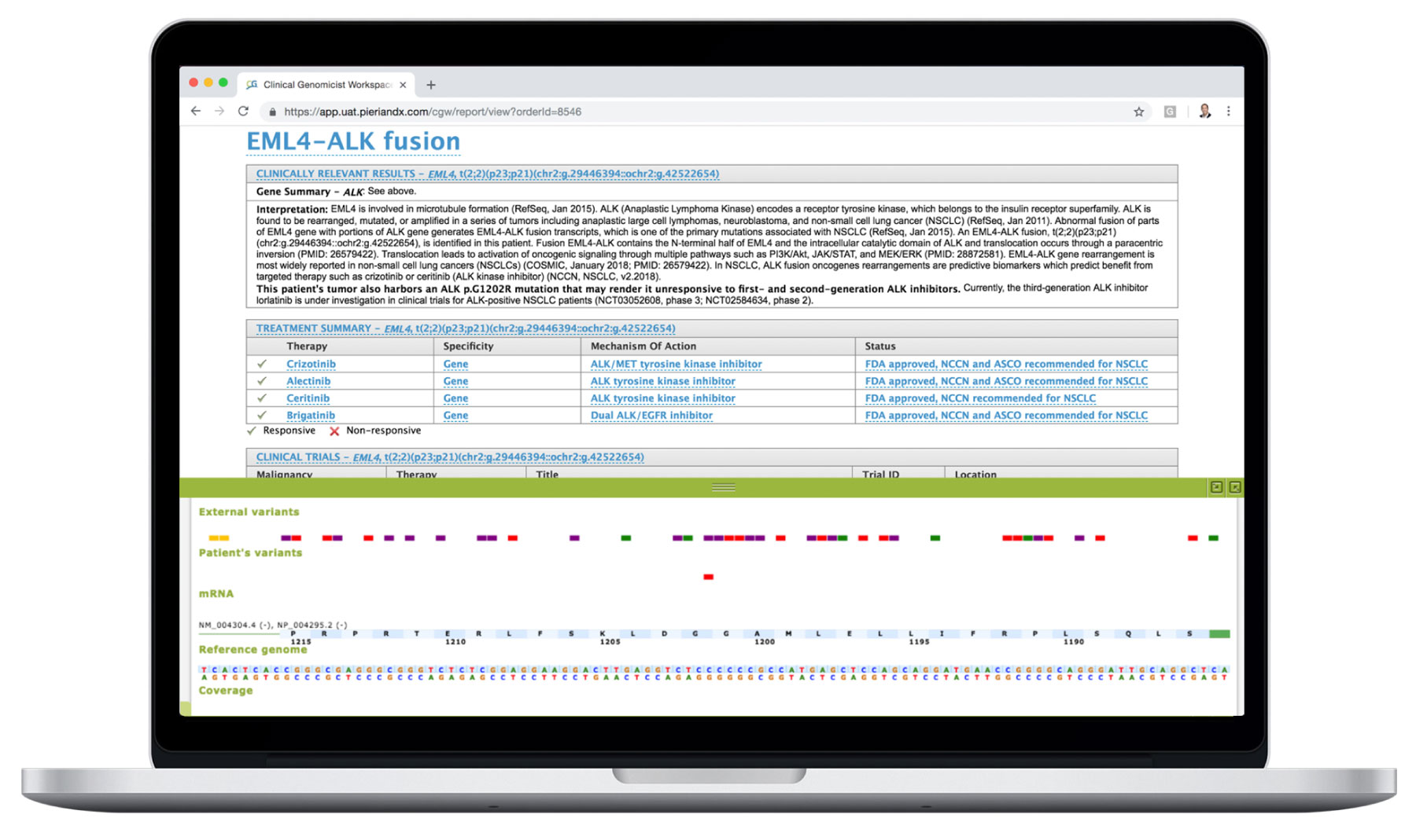 Clinical Genomics Workspace with EML4-ALK Fusion Report and Gene Viewer